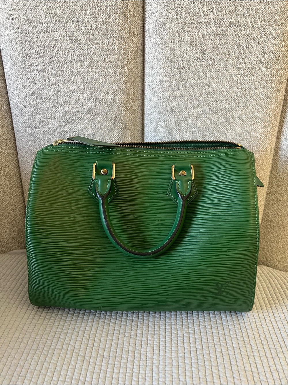 Authentic Louis Vuitton Green Epi Leather Satchel with Gold Hardware